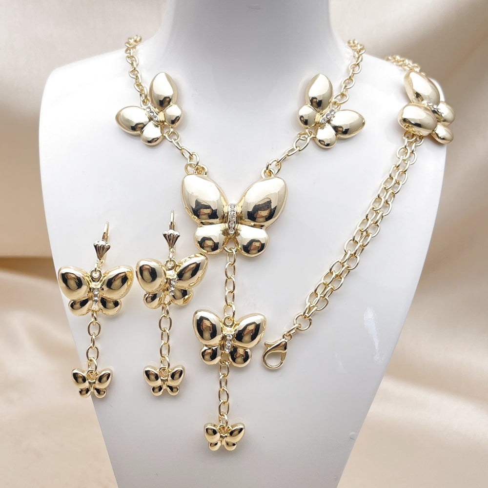 Oro Laminado Necklace, Bracelet, Earring and Ring, Gold Filled Style Butterfly and Rolo Design, with White Crystal, Polished, Golden Finish