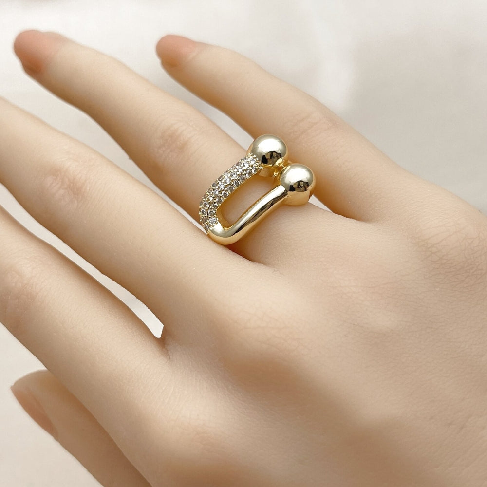 Oro Laminado Multi Stone Ring, Gold Filled Style Oval Bar Design, with White Micro Pave, Polished, Golden Finish