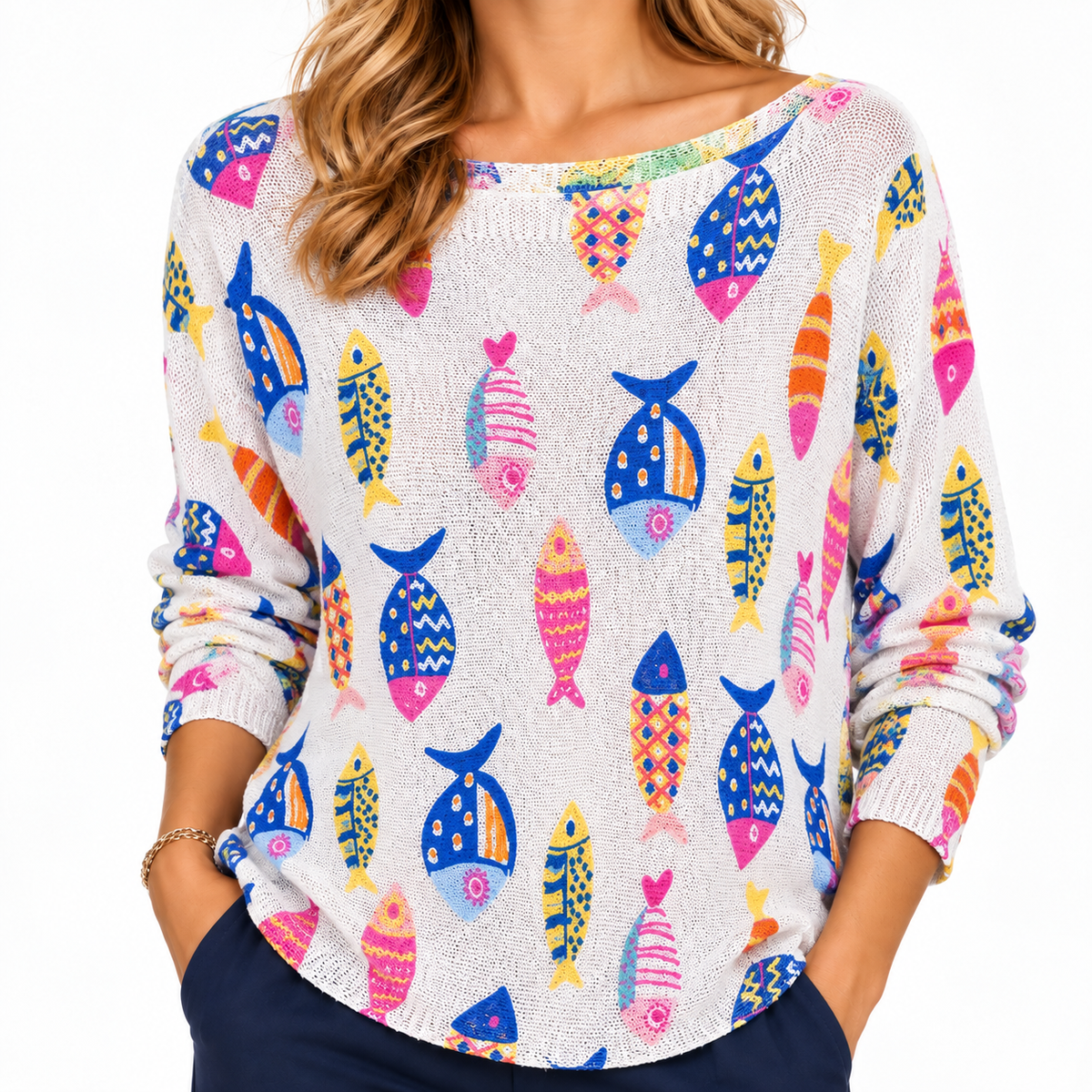 Suéter Mesh Estampado de Peces Multicolor