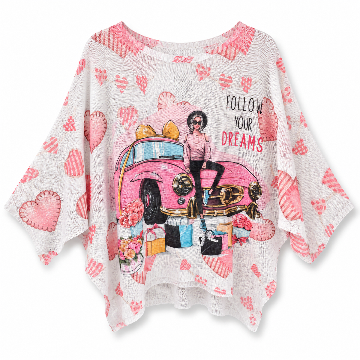 Suéter Blanco con Corazones y Estampado Retro