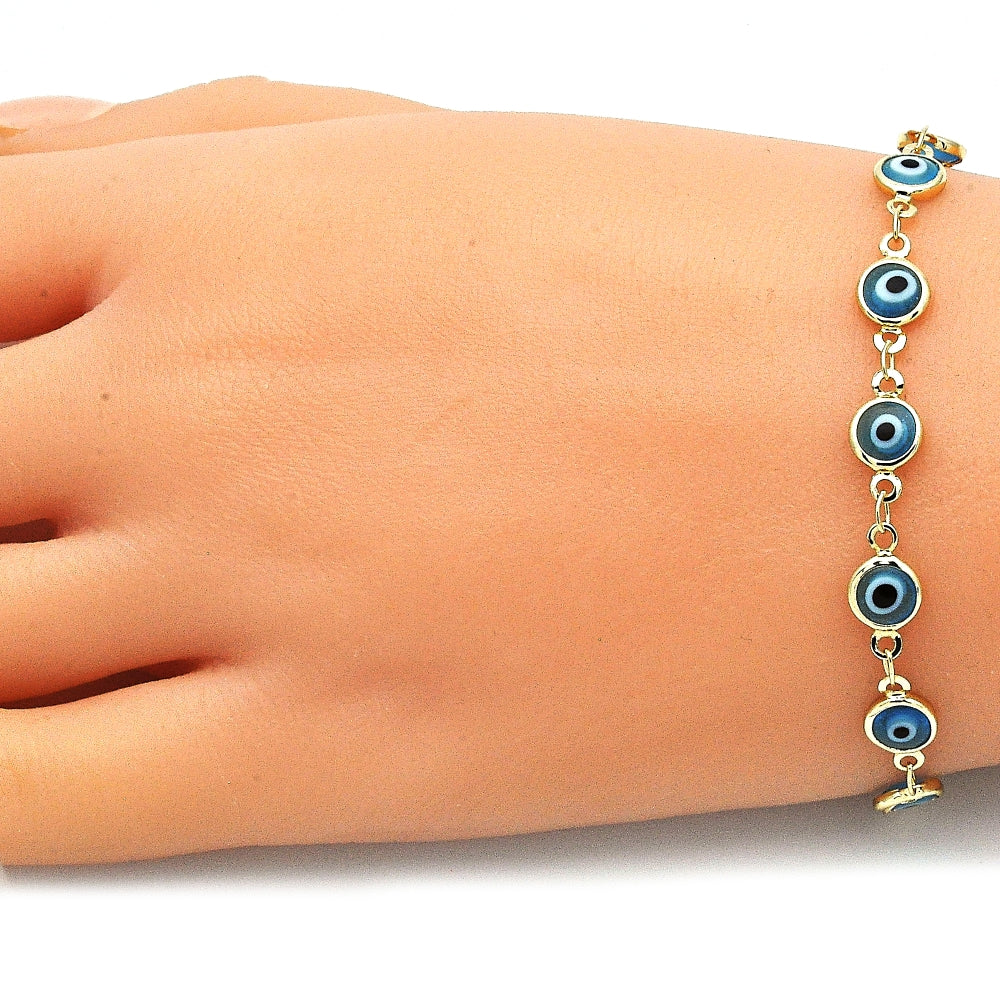 Oro Laminado Necklace and Bracelet, Gold Filled Style Evil Eye Design, Azul claro Resin Finish, Golden Finish