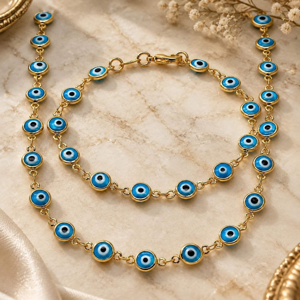 Oro Laminado Necklace and Bracelet, Gold Filled Style Evil Eye Design, Azul claro Resin Finish, Golden Finish
