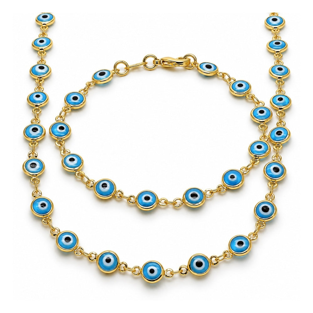 Oro Laminado Necklace and Bracelet, Gold Filled Style Evil Eye Design, Azul claro Resin Finish, Golden Finish