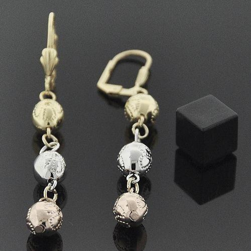 Oro Laminado Long Earring, Gold Filled Style Ball and Flower Design, Diamond Cutting Finish, Tricolor