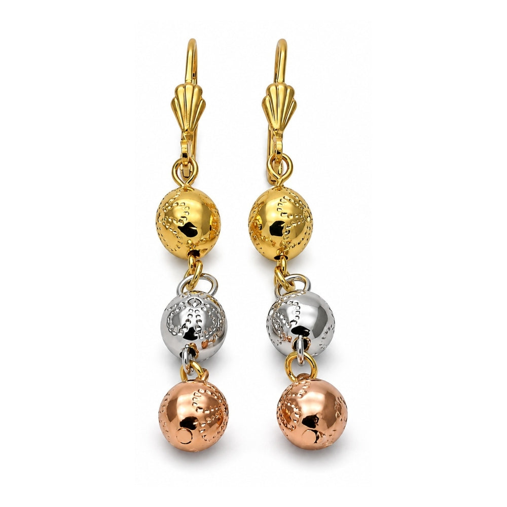 Oro Laminado Long Earring, Gold Filled Style Ball and Flower Design, Diamond Cutting Finish, Tricolor