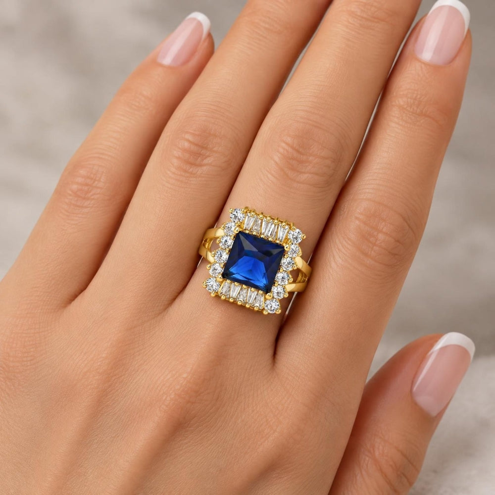 Oro Laminado Multi Stone Ring, Gold Filled Style Baguette Design, with Tanzanite and White Cubic Zirconia, Polished, Golden Finish