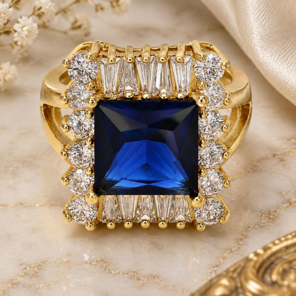 Oro Laminado Multi Stone Ring, Gold Filled Style Baguette Design, with Tanzanite and White Cubic Zirconia, Polished, Golden Finish