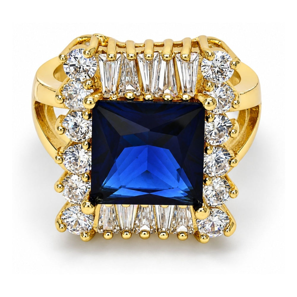Oro Laminado Multi Stone Ring, Gold Filled Style Baguette Design, with Tanzanite and White Cubic Zirconia, Polished, Golden Finish