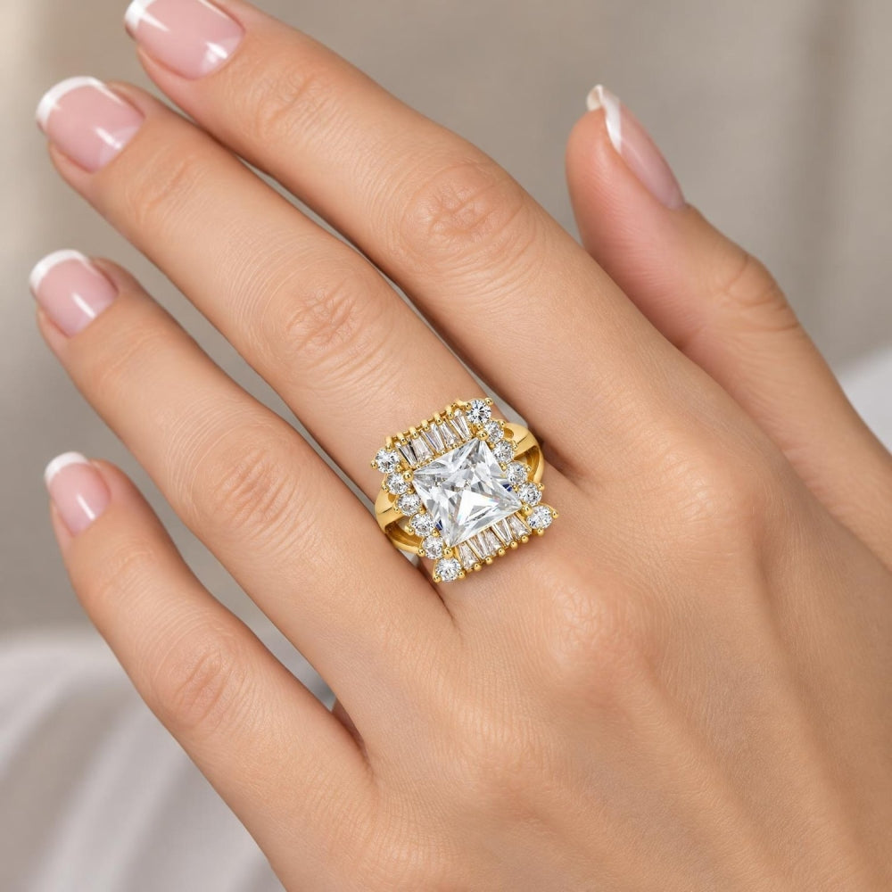 Oro Laminado Multi Stone Ring, Gold Filled Style with White Cubic Zirconia, Polished, Golden Finish