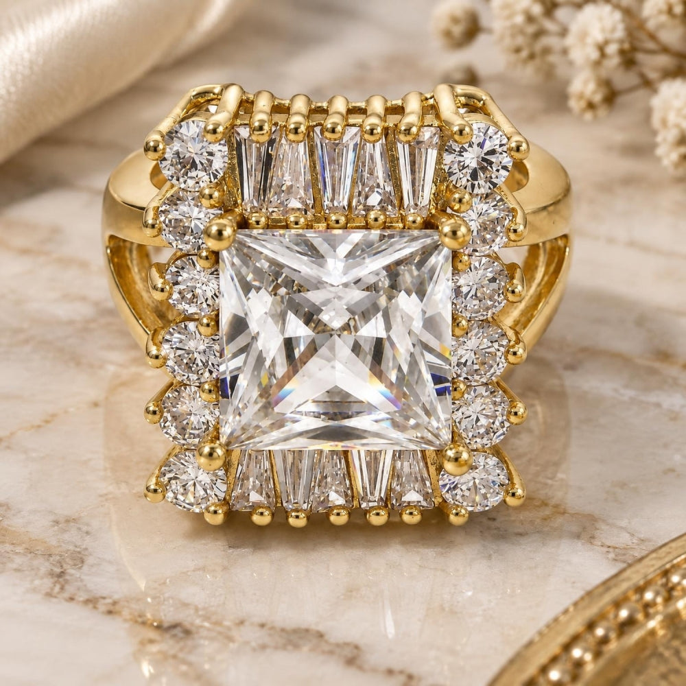 Oro Laminado Multi Stone Ring, Gold Filled Style with White Cubic Zirconia, Polished, Golden Finish