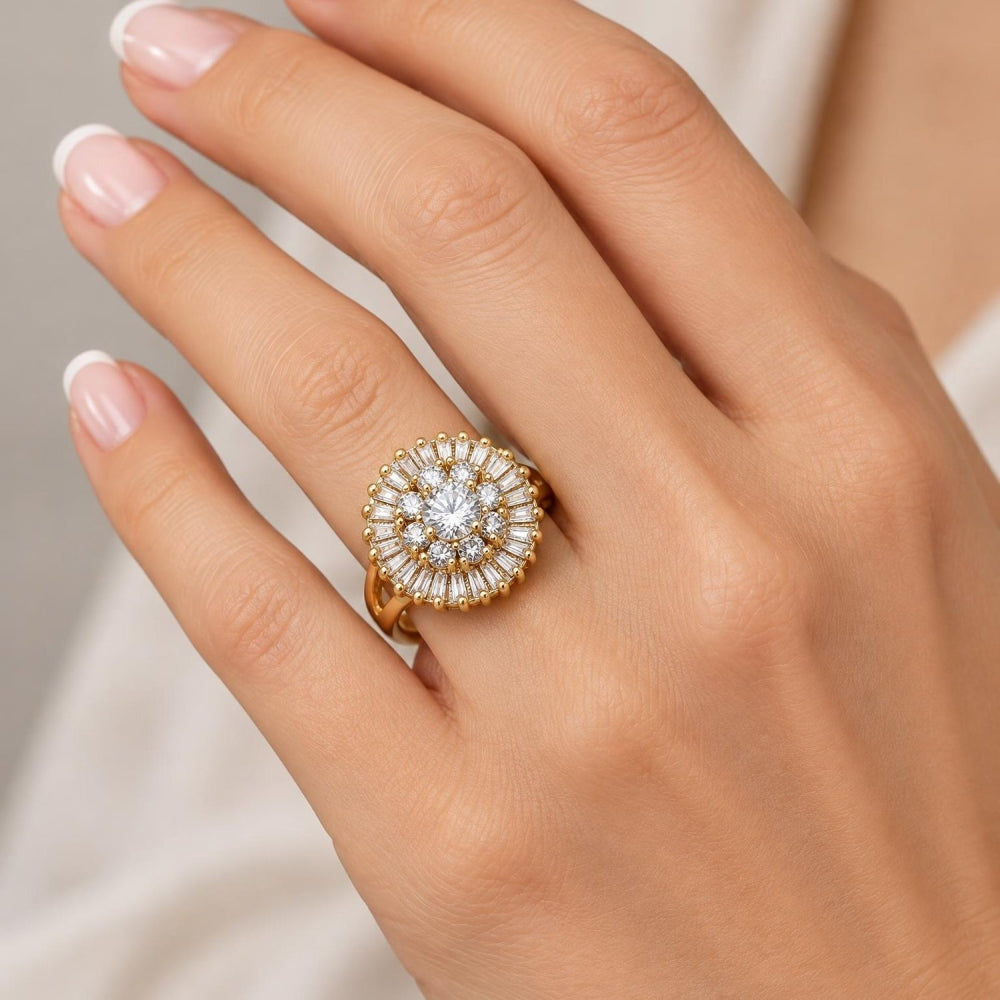 Oro Laminado Multi Stone Ring, Gold Filled Style Flower Design, with White Cubic Zirconia, Polished, Golden Finish