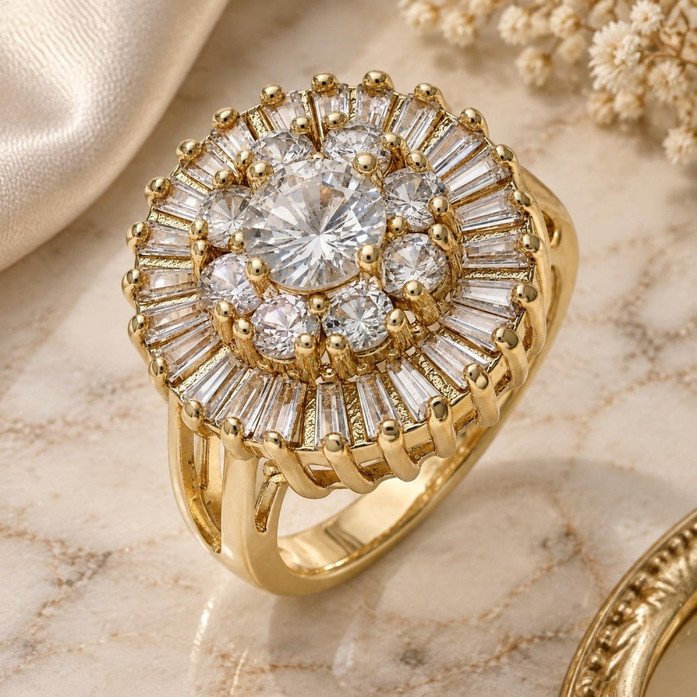 Oro Laminado Multi Stone Ring, Gold Filled Style Flower Design, with White Cubic Zirconia, Polished, Golden Finish
