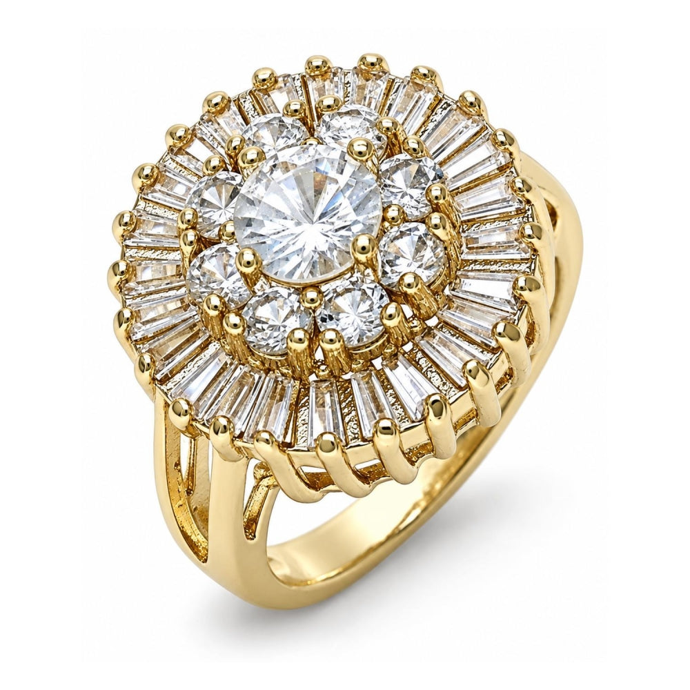 Oro Laminado Multi Stone Ring, Gold Filled Style Flower Design, with White Cubic Zirconia, Polished, Golden Finish