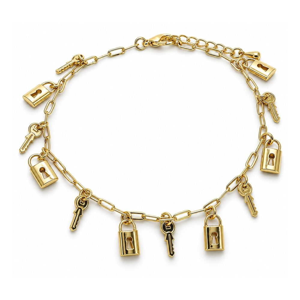 Oro Laminado Charm Anklet , Gold Filled Style key and Lock Design, Polished, Golden Finish