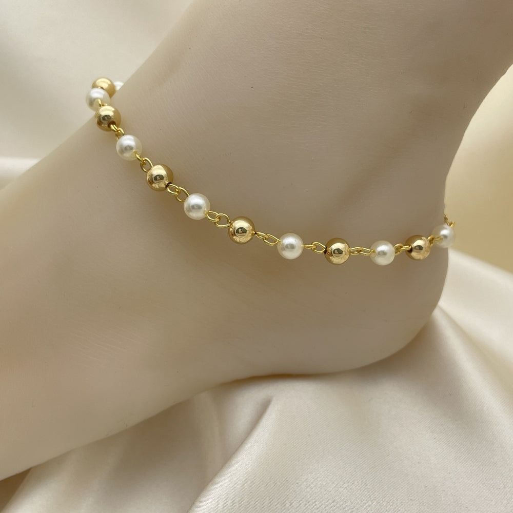 Oro Laminado Fancy Anklet, Gold Filled Style Ball Design, with Ivory Pearl, Polished, Golden Finish