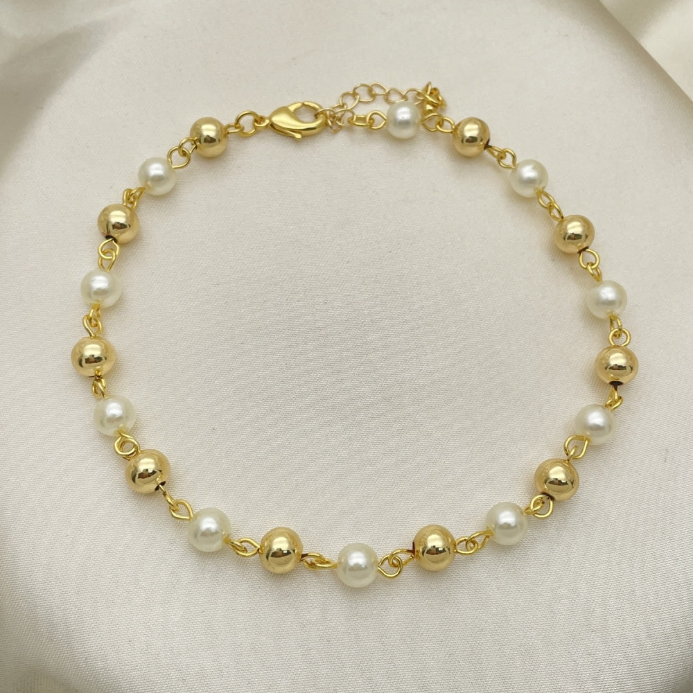 Oro Laminado Fancy Anklet, Gold Filled Style Ball Design, with Ivory Pearl, Polished, Golden Finish