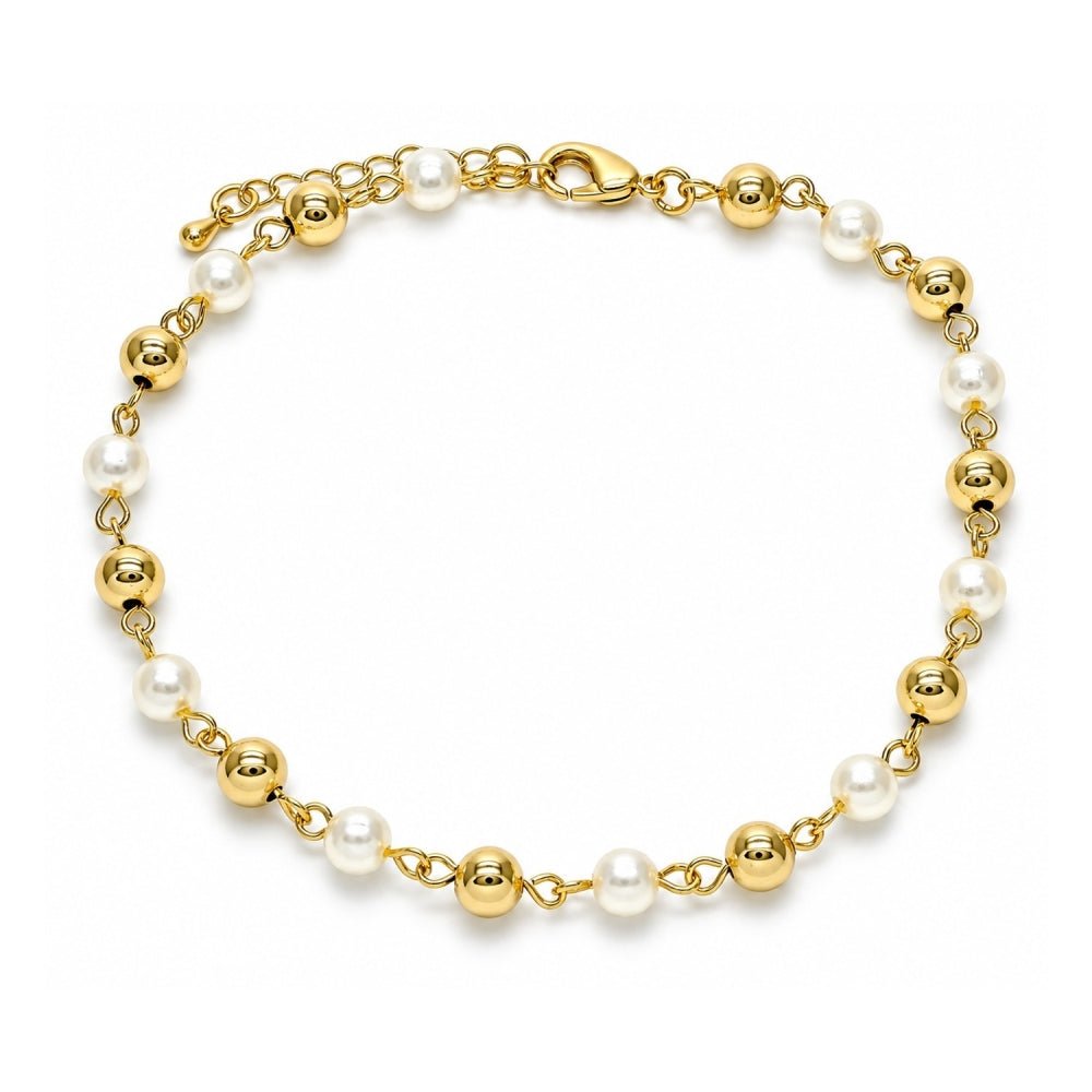 Oro Laminado Fancy Anklet, Gold Filled Style Ball Design, with Ivory Pearl, Polished, Golden Finish