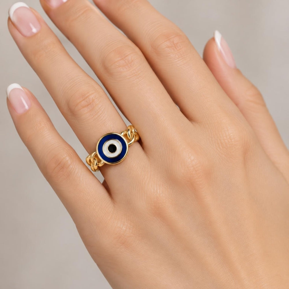 Oro Laminado Elegant Ring, Gold Filled Style Evil Eye Design, Blue Enamel Finish, Golden Finish