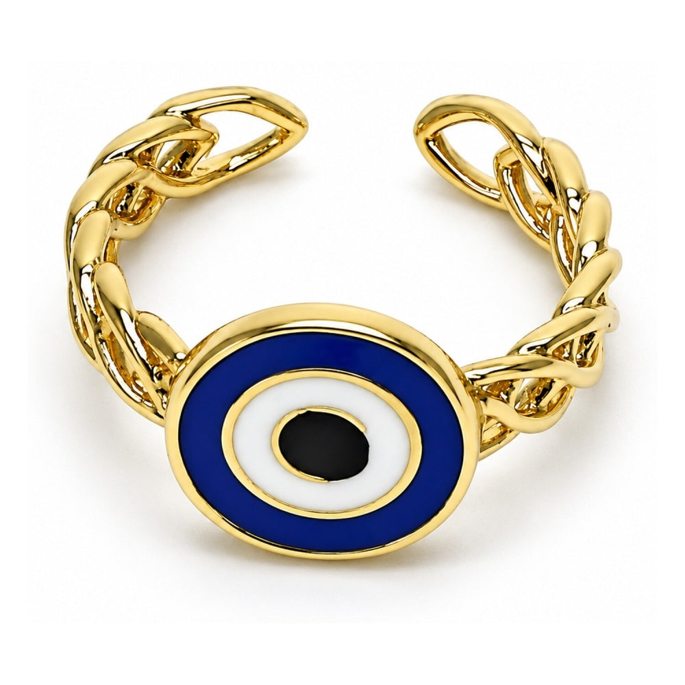 Oro Laminado Elegant Ring, Gold Filled Style Evil Eye Design, Blue Enamel Finish, Golden Finish