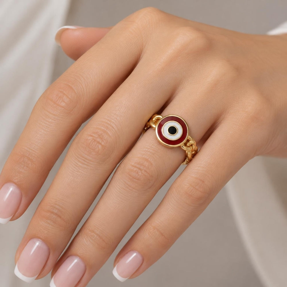 Oro Laminado Elegant Ring, Gold Filled Style Evil Eye Design, Red Enamel Finish, Golden Finish
