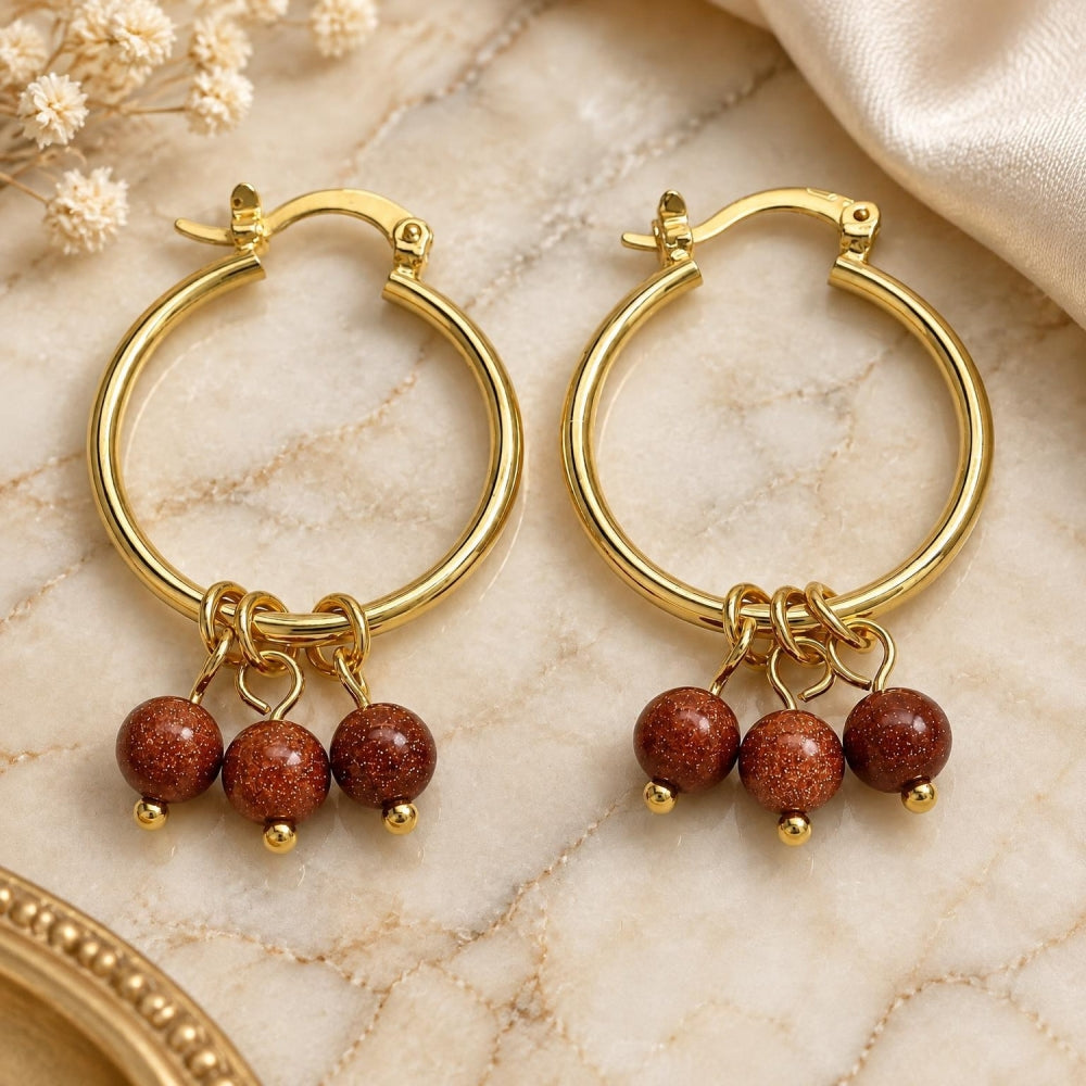 Oro Laminado Small Hoop, Gold Filled Style with Brown Goldstone Venturina, Polished, Golden Finish