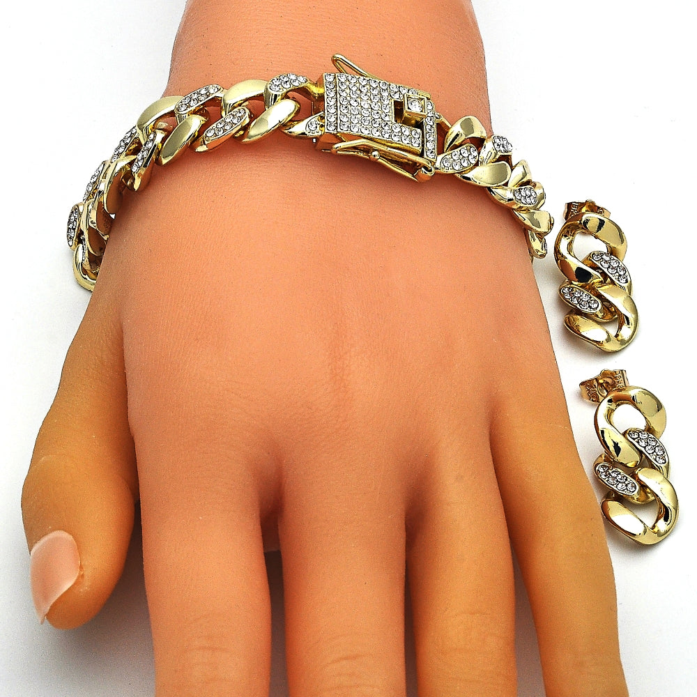 Oro Laminado Necklace, Bracelet and Earring, Gold Filled Style Box Lock Design, with White Crystal, Polished, Golden Finish