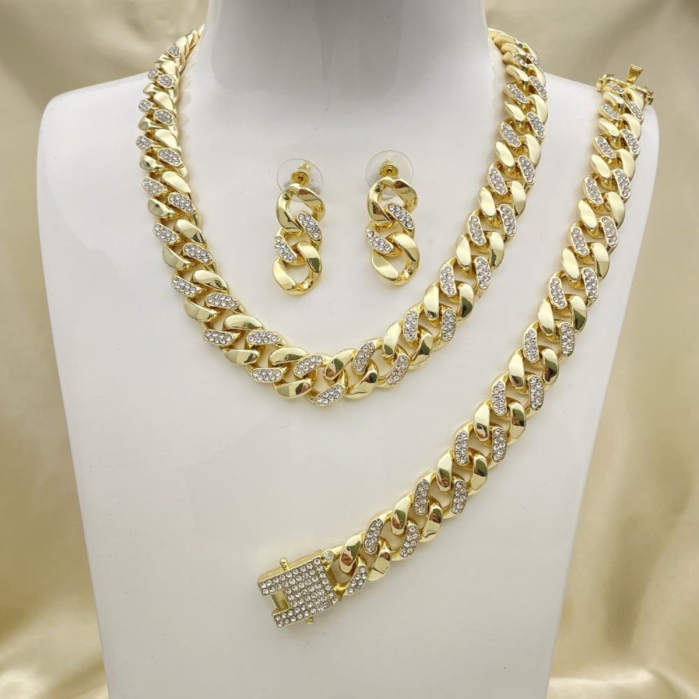 Oro Laminado Necklace, Bracelet and Earring, Gold Filled Style Box Lock Design, with White Crystal, Polished, Golden Finish