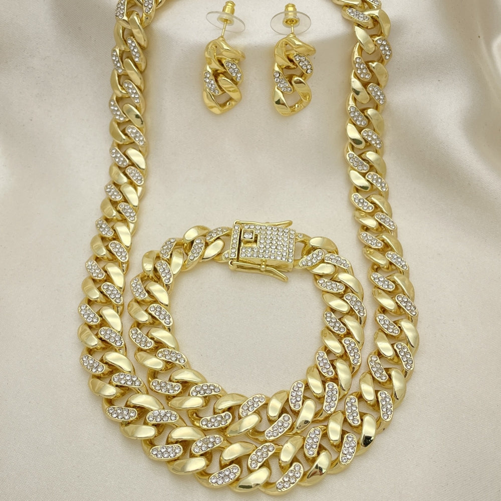 Oro Laminado Necklace, Bracelet and Earring, Gold Filled Style Box Lock Design, with White Crystal, Polished, Golden Finish