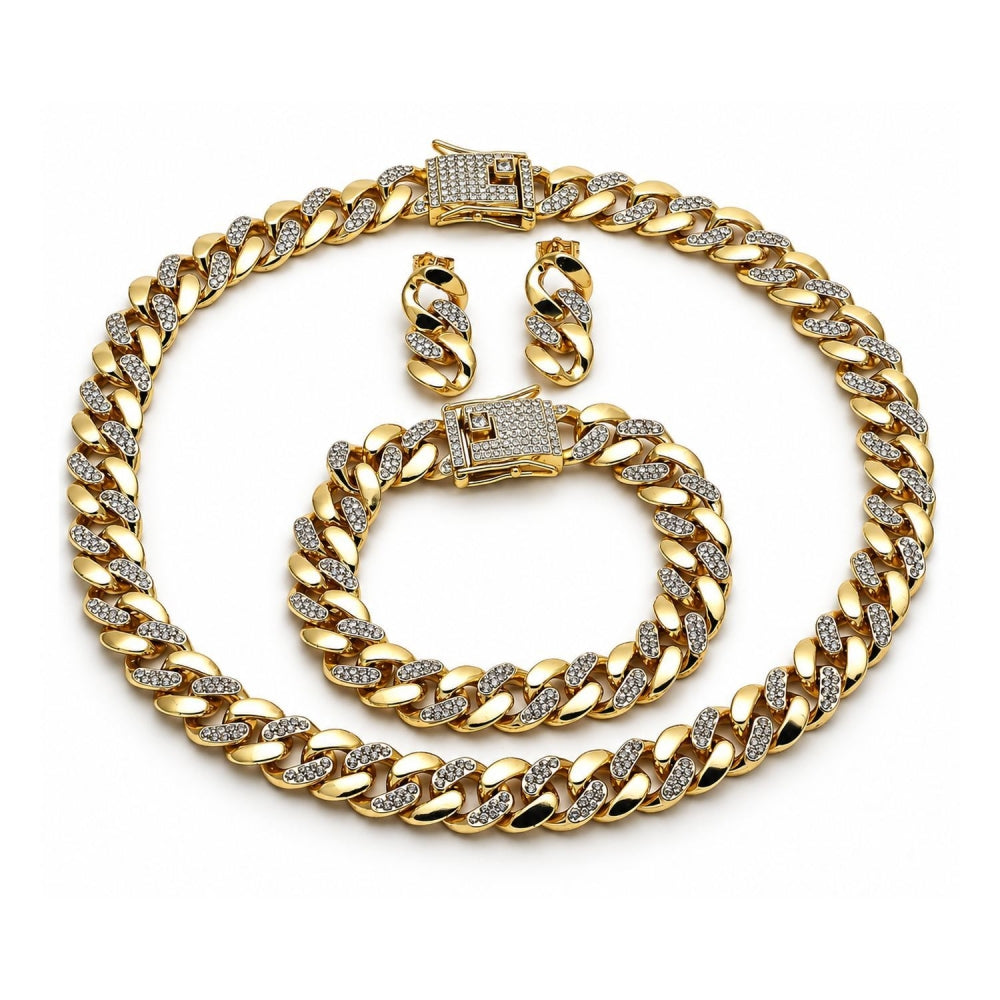 Oro Laminado Necklace, Bracelet and Earring, Gold Filled Style Box Lock Design, with White Crystal, Polished, Golden Finish