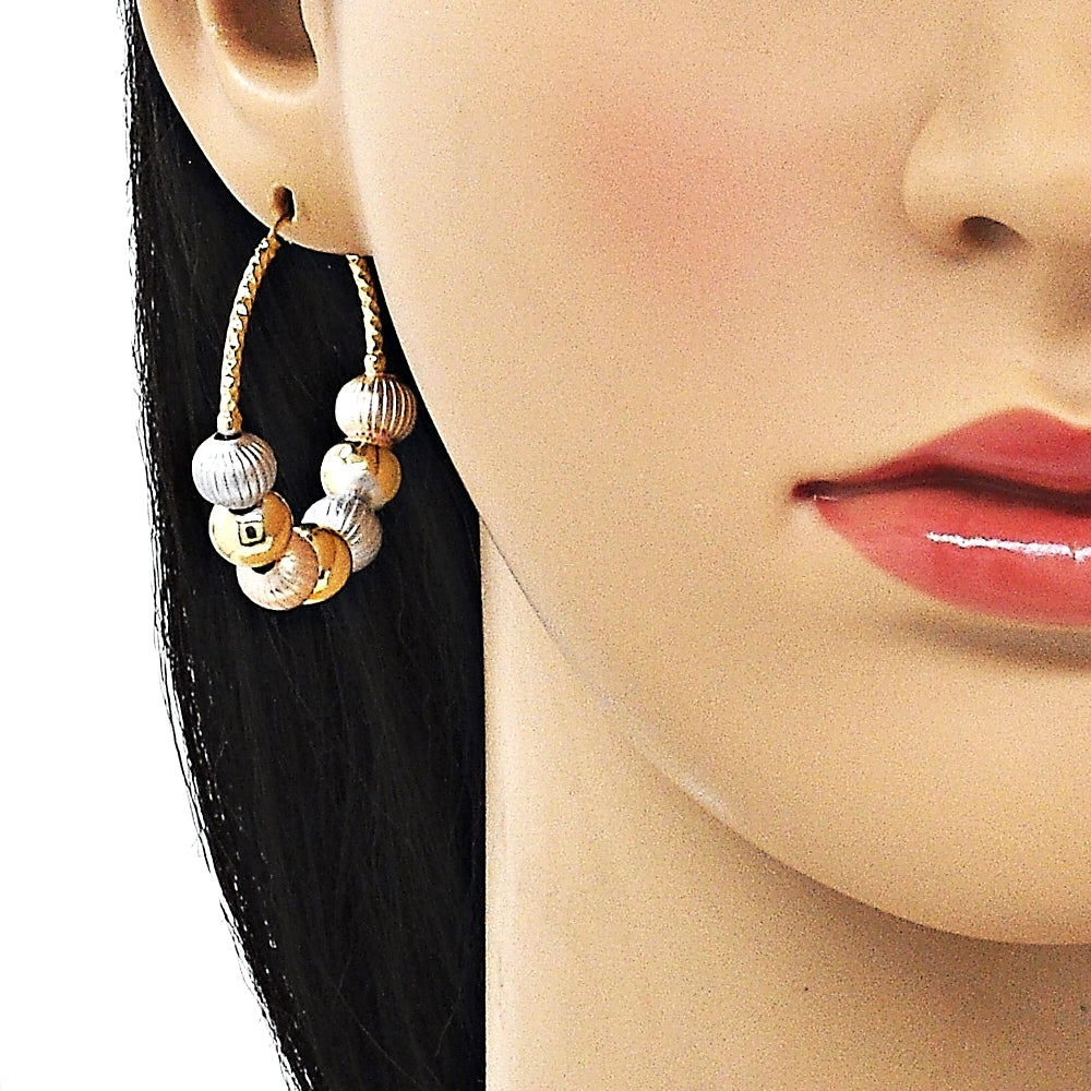 Oro Laminado Medium Hoop, Gold Filled Style Ball Design, Diamond Cutting Finish, Tricolor