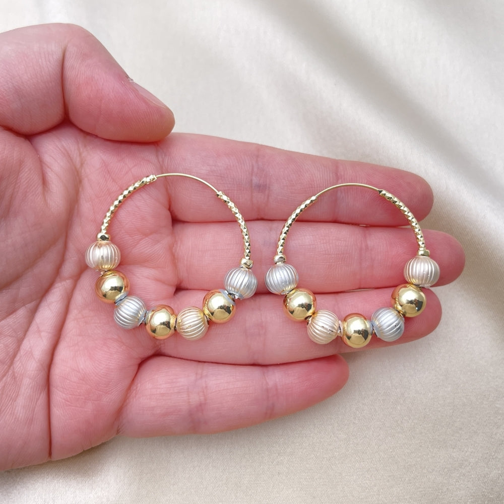 Oro Laminado Medium Hoop, Gold Filled Style Ball Design, Diamond Cutting Finish, Tricolor