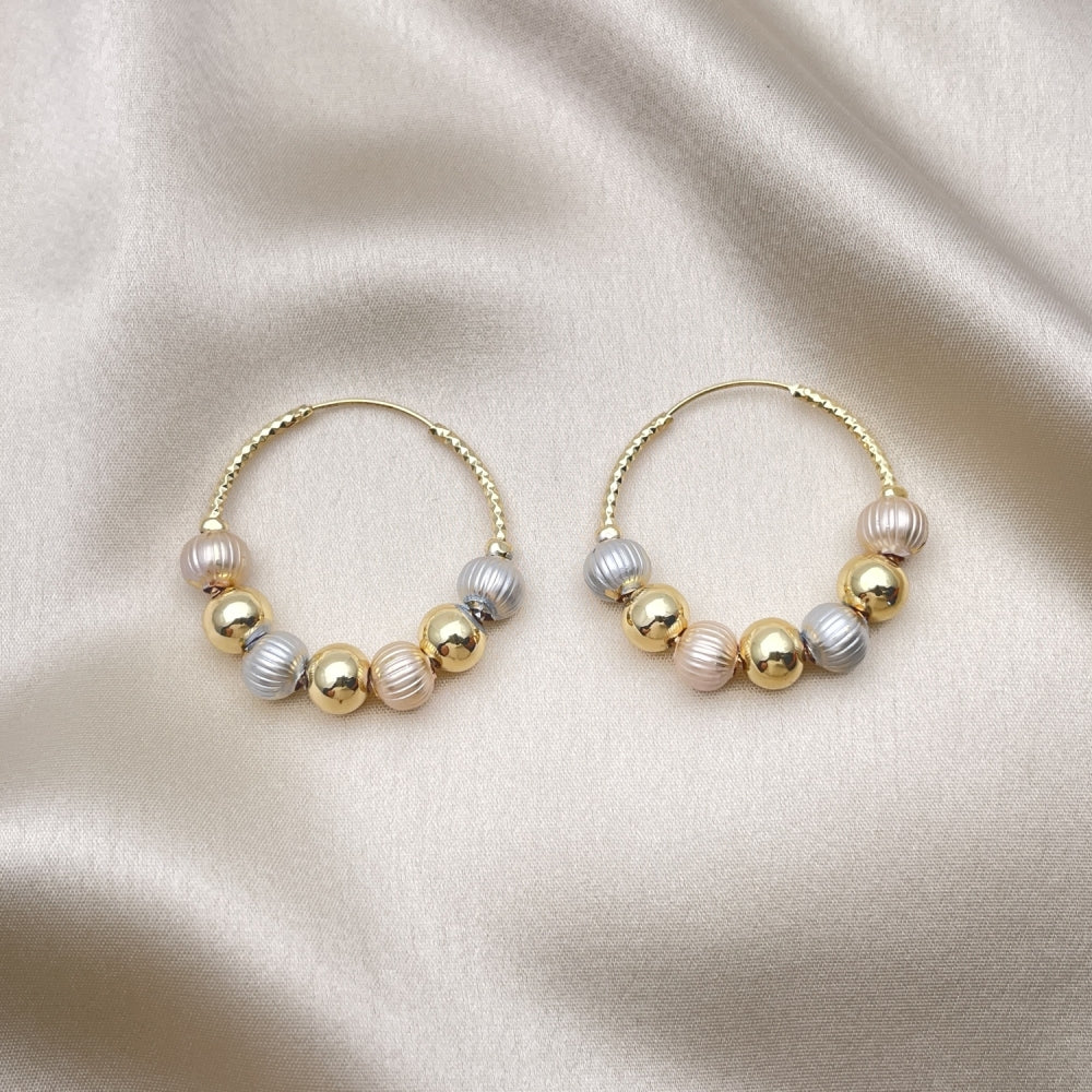 Oro Laminado Medium Hoop, Gold Filled Style Ball Design, Diamond Cutting Finish, Tricolor