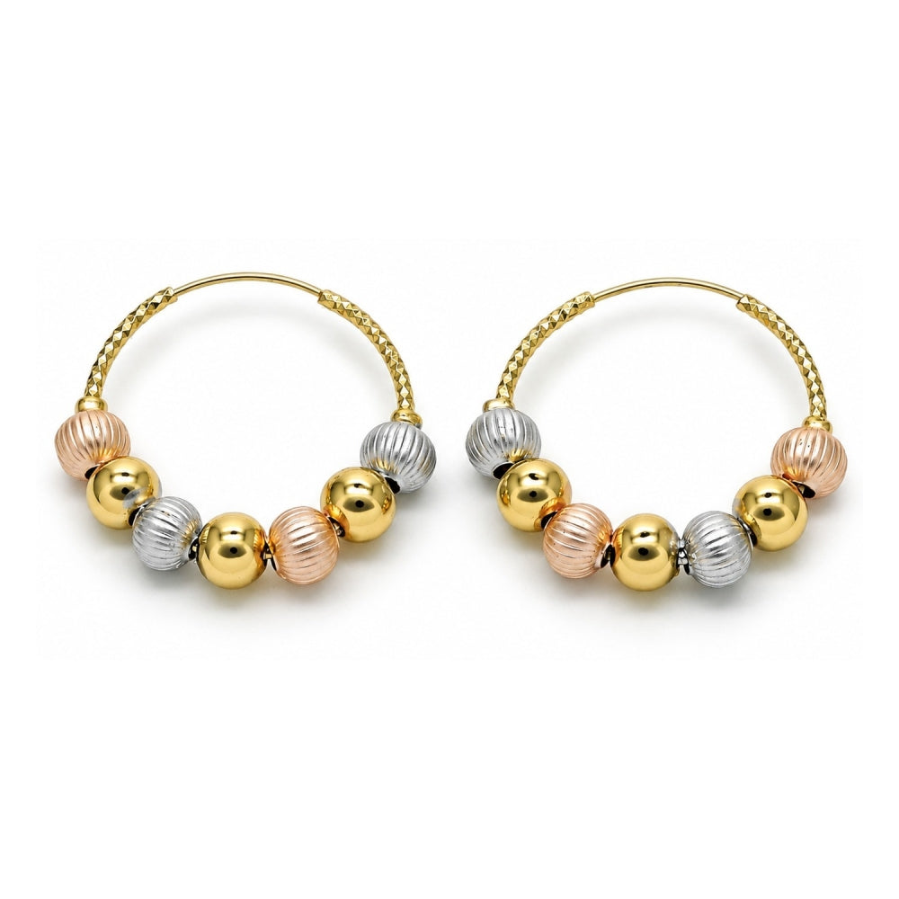 Oro Laminado Medium Hoop, Gold Filled Style Ball Design, Diamond Cutting Finish, Tricolor
