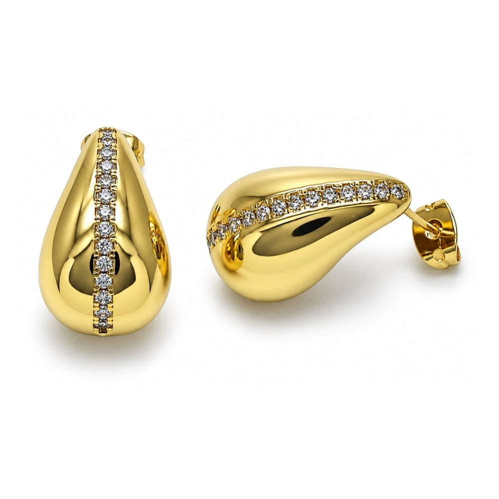 Oro Laminado Stud Earring, Gold Filled Style Teardrop Design, with White Micro Pave, Polished, Golden Finish