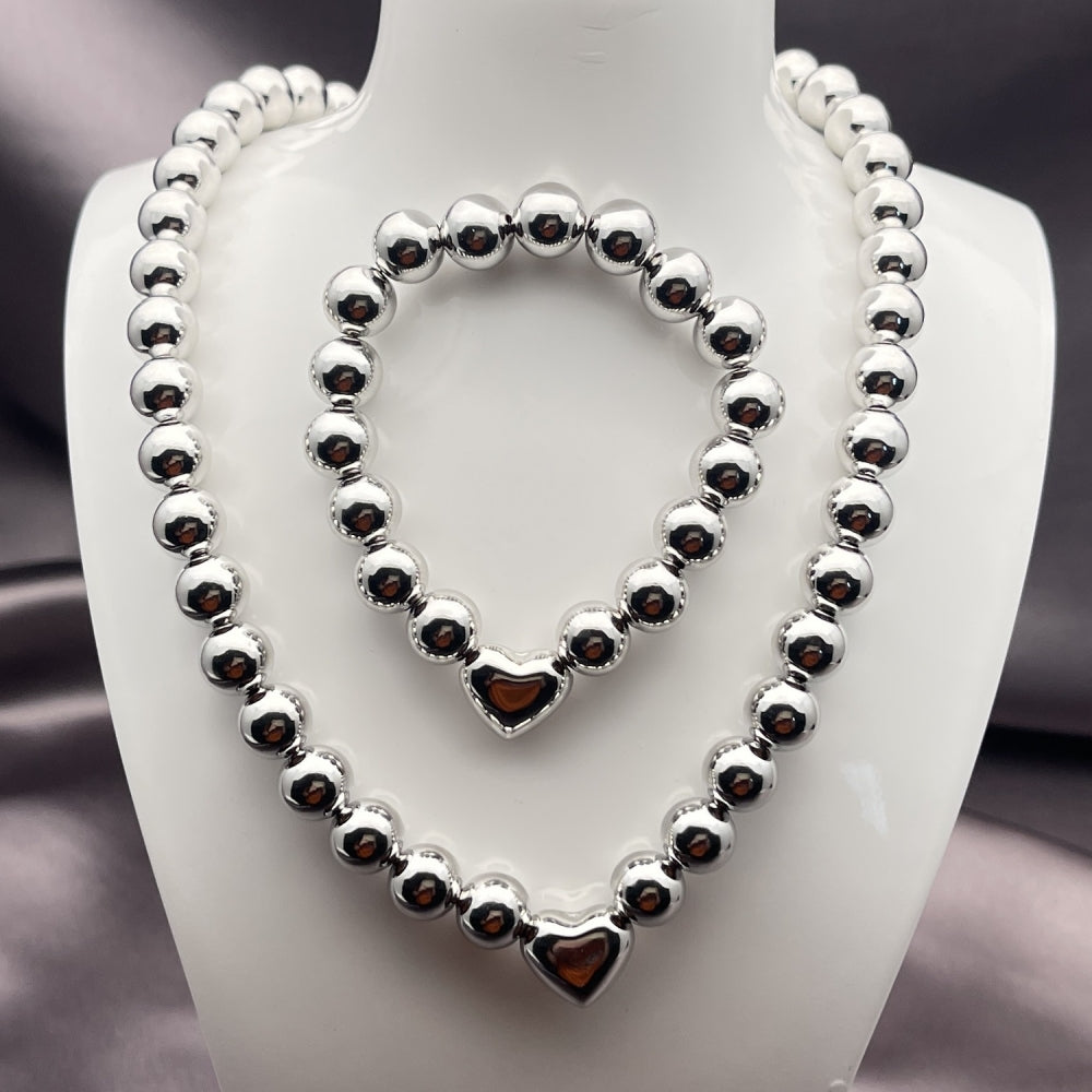White Gold Filled Necklace and Bracelet, Ball and Heart Design, Polished, Rhodium Finish