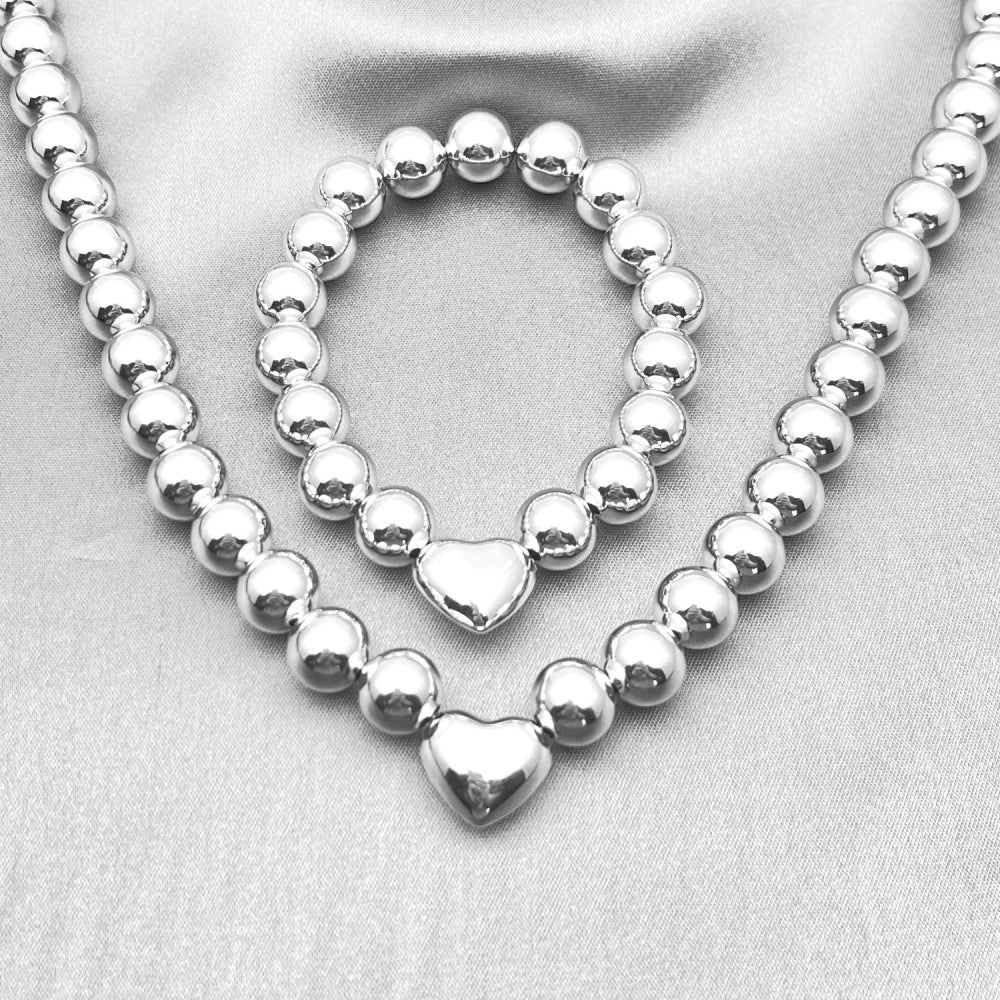 White Gold Filled Necklace and Bracelet, Ball and Heart Design, Polished, Rhodium Finish