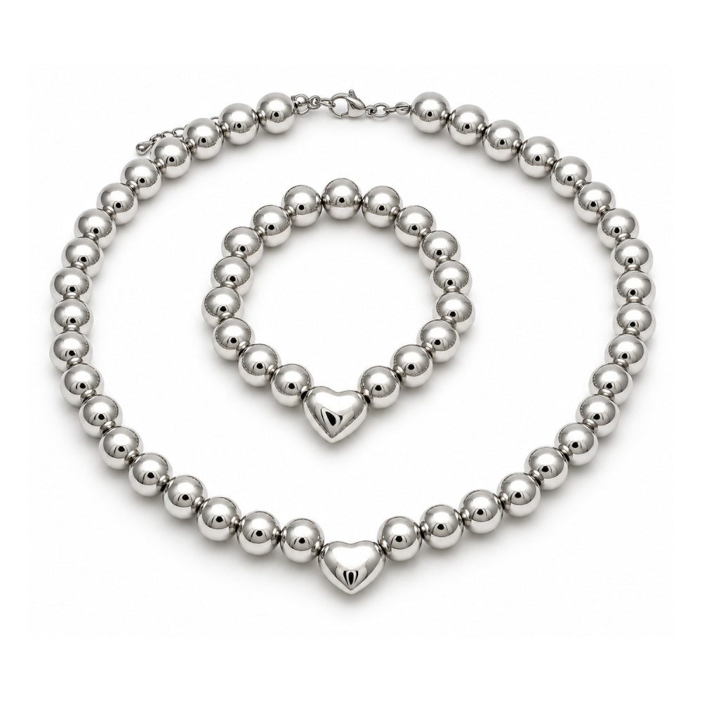 White Gold Filled Necklace and Bracelet, Ball and Heart Design, Polished, Rhodium Finish