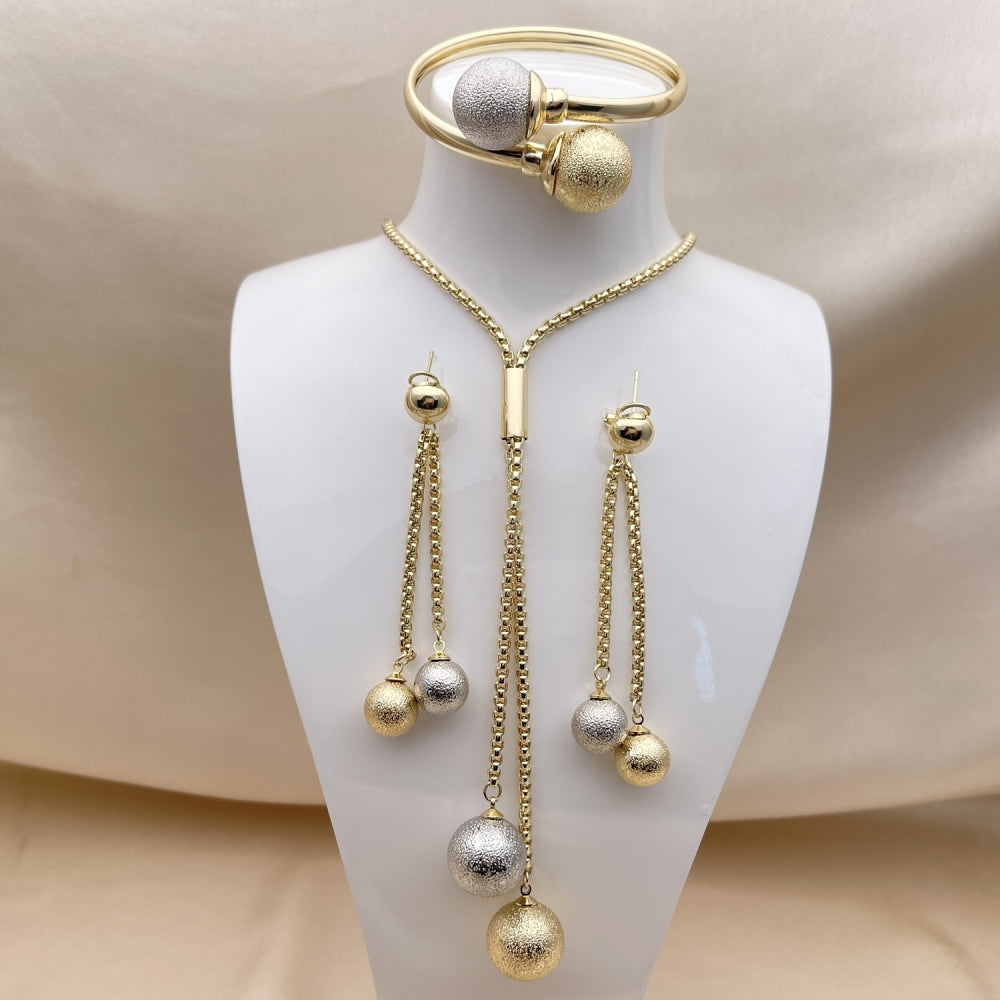 Oro Laminado Necklace, Bracelet and Earring, Gold Filled Style Ball and Long Box Design, Matte Finish, Two Tone