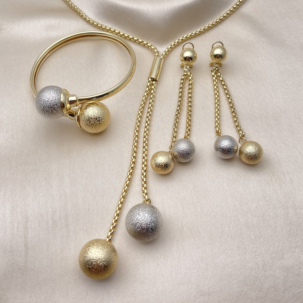 Oro Laminado Necklace, Bracelet and Earring, Gold Filled Style Ball and Long Box Design, Matte Finish, Two Tone