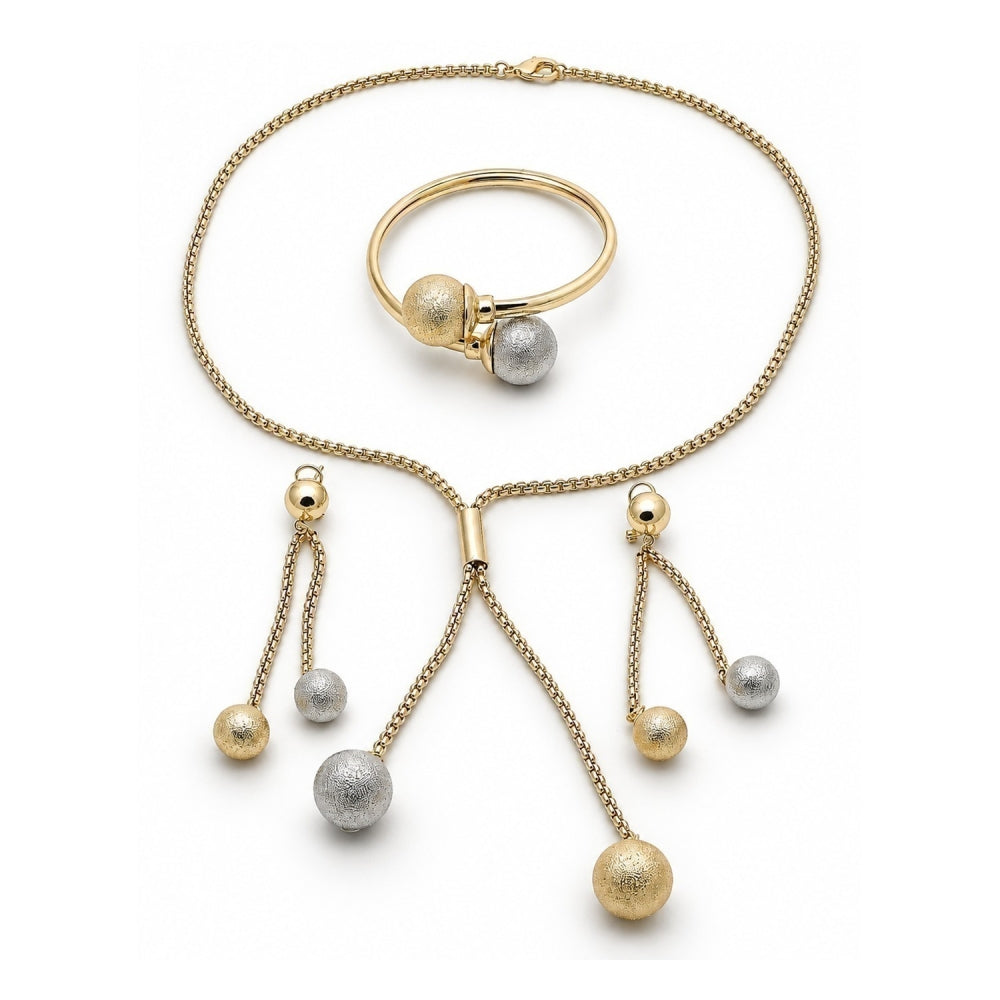Oro Laminado Necklace, Bracelet and Earring, Gold Filled Style Ball and Long Box Design, Matte Finish, Two Tone