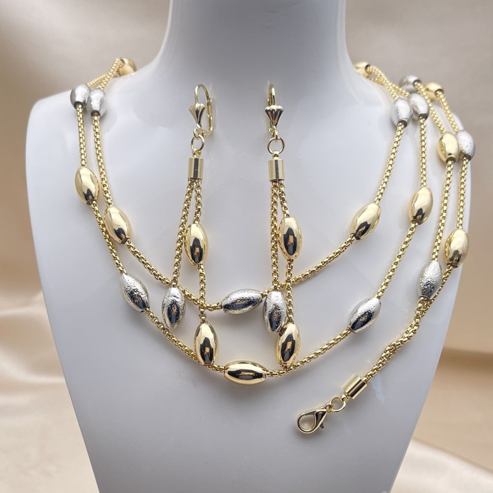 Oro Laminado Necklace, Bracelet and Earring, Gold Filled Style Box and Ball Design, Matte Finish, Two Tone