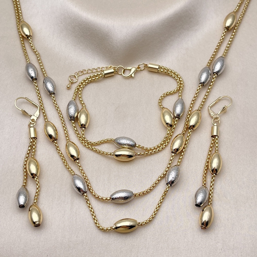 Oro Laminado Necklace, Bracelet and Earring, Gold Filled Style Box and Ball Design, Matte Finish, Two Tone