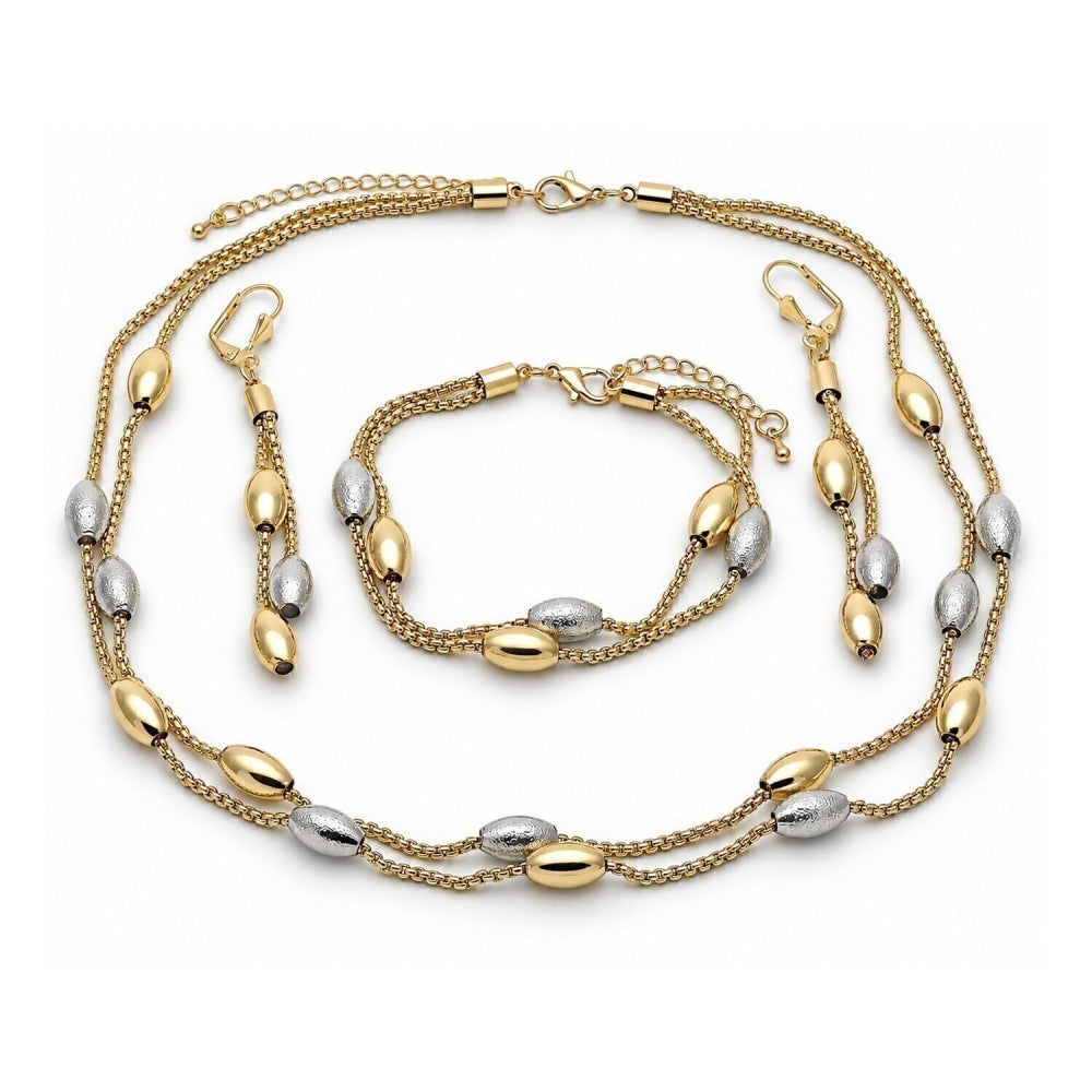 Oro Laminado Necklace, Bracelet and Earring, Gold Filled Style Box and Ball Design, Matte Finish, Two Tone