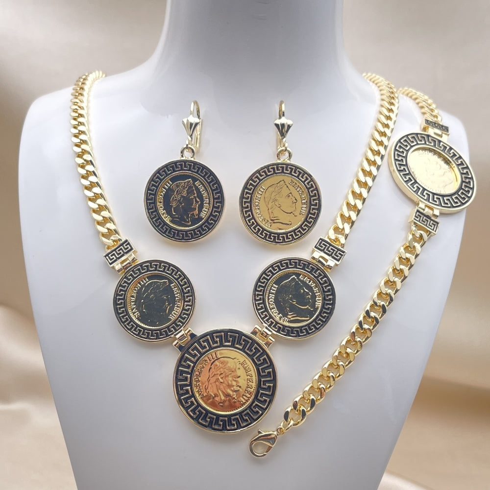 Oro Laminado Necklace, Bracelet and Earring, Gold Filled Style Miami Cuban and Greek Key Design, Black Enamel Finish, Golden Finish