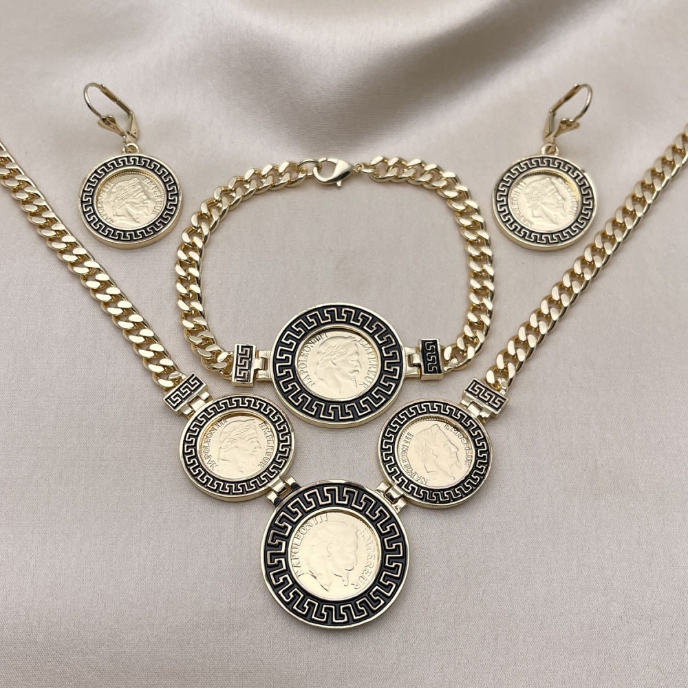Oro Laminado Necklace, Bracelet and Earring, Gold Filled Style Miami Cuban and Greek Key Design, Black Enamel Finish, Golden Finish