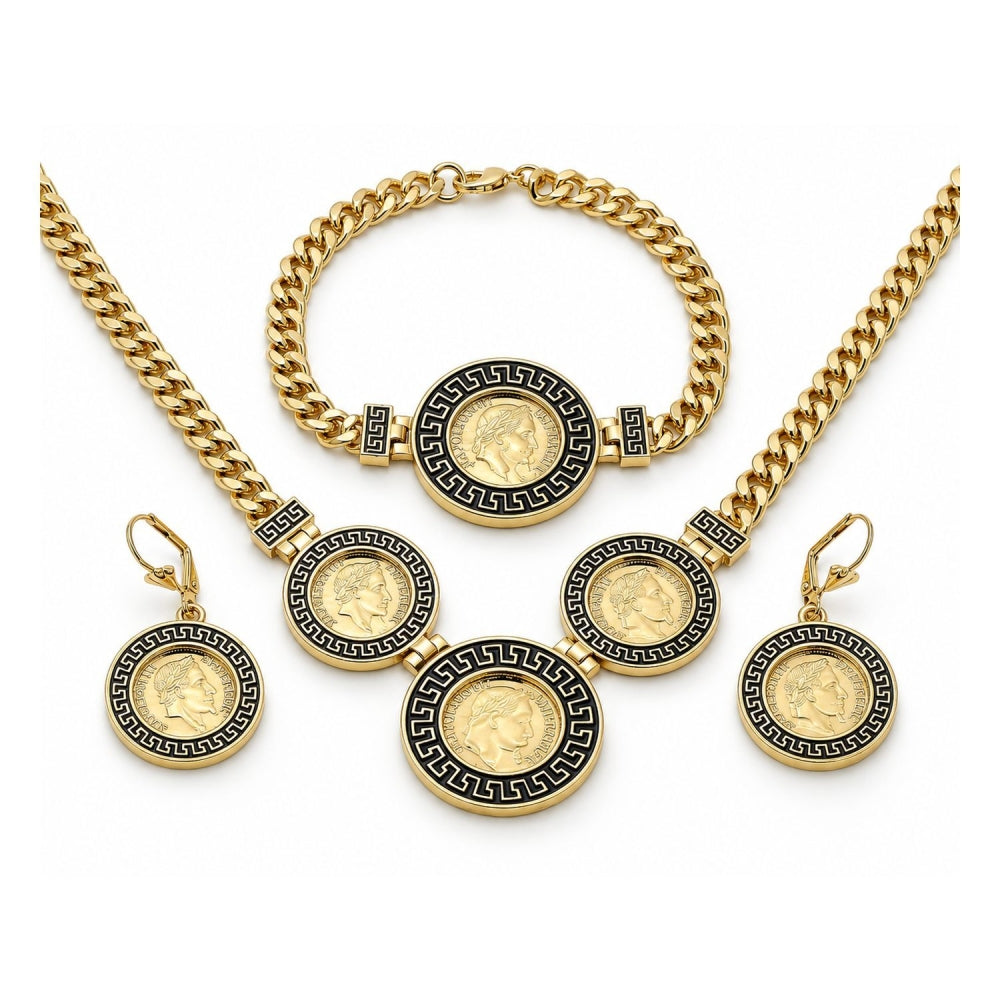 Oro Laminado Necklace, Bracelet and Earring, Gold Filled Style Miami Cuban and Greek Key Design, Black Enamel Finish, Golden Finish