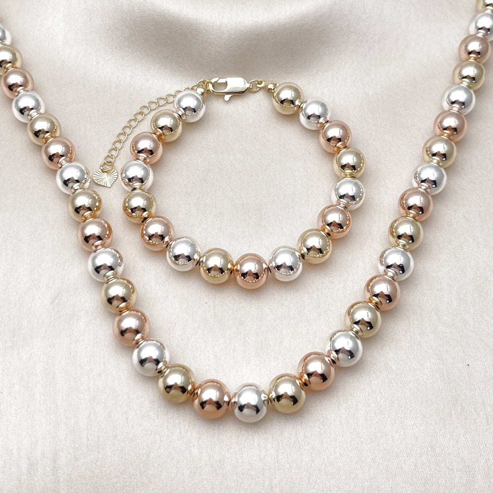 Oro Laminado Necklace and Bracelet, Gold Filled Style Ball and Hollow Design, Polished, Tricolor