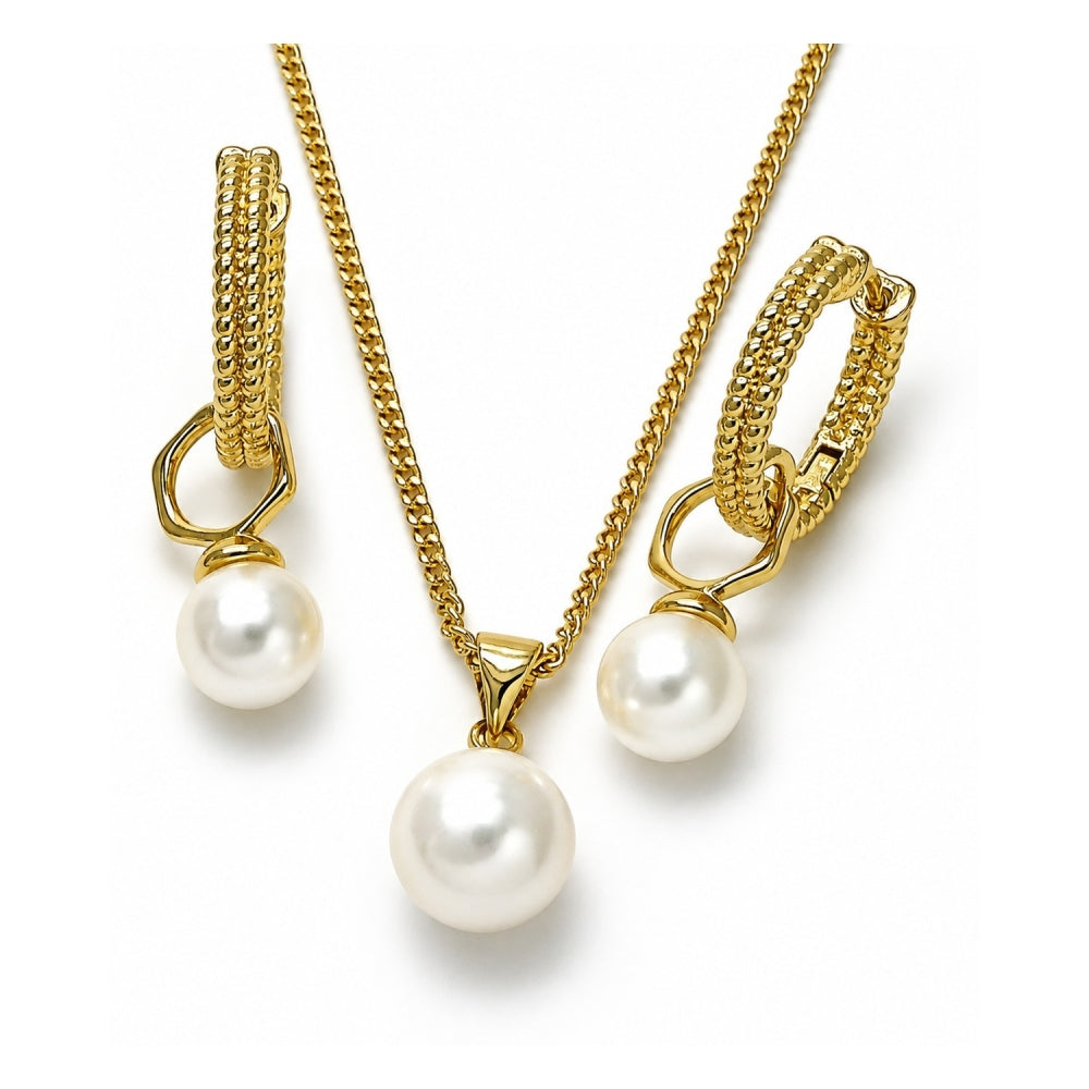 Oro Laminado Earring and Pendant Adult Set, Gold Filled Style Ball and Twist Design, with Ivory Mother of Pearl, Diamond Cutting Finish, Golden Finish