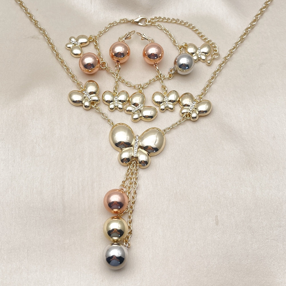 Oro Laminado Necklace, Bracelet, Earring and Ring, Gold Filled Style Butterfly and Ball Design, with White Crystal, Polished, Tricolor