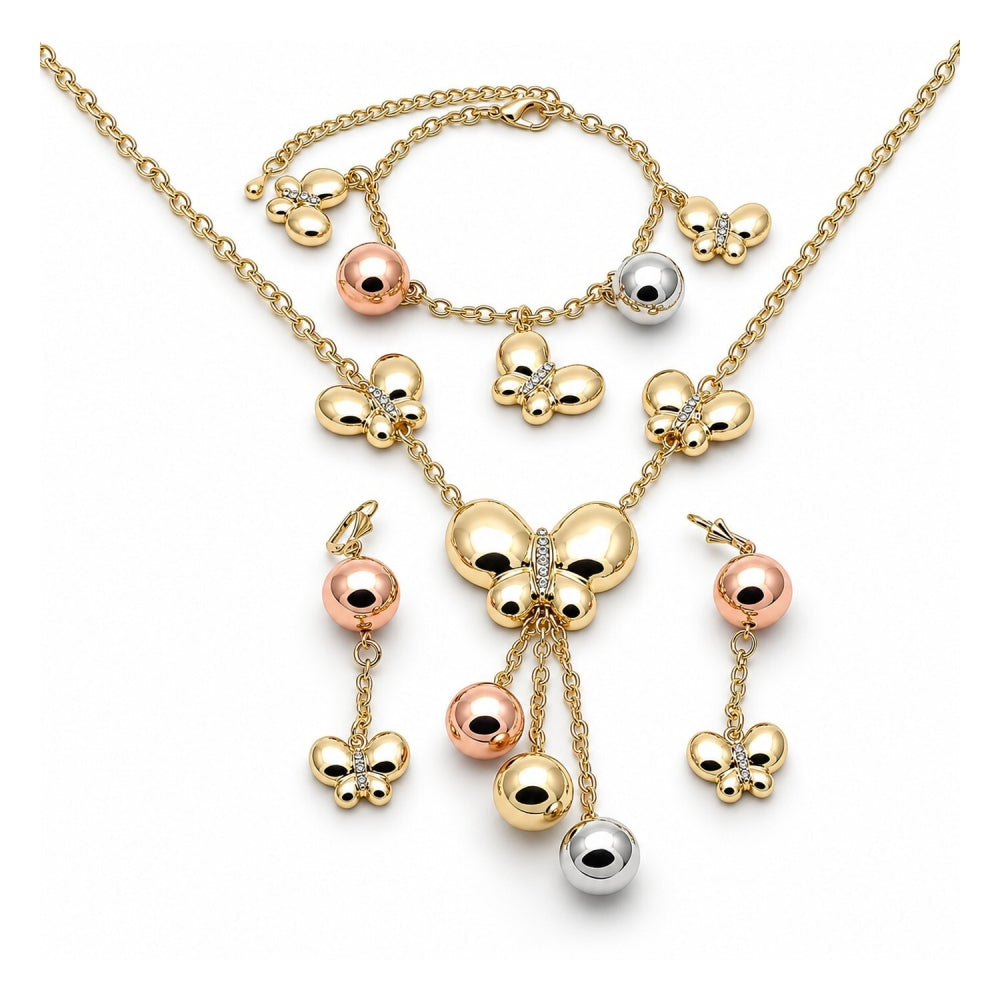 Oro Laminado Necklace, Bracelet, Earring and Ring, Gold Filled Style Butterfly and Ball Design, with White Crystal, Polished, Tricolor